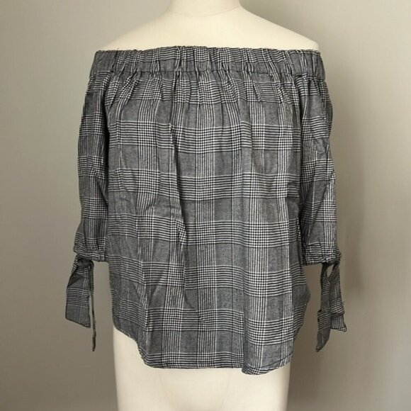 Dex Plaid Checked Off the Shoulder Top S - Picture 1 of 10